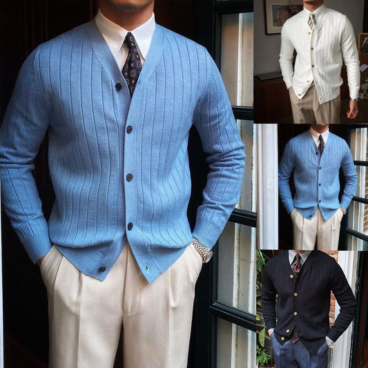 Autumn And Winter Knitted Cardigan Men&#039;s Casual V-neck Button Sweater Solid Color Coat Men